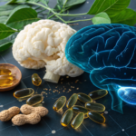 Cerveau humain lumineux entouré de nootropiques naturels : lion's mane, bacopa, oméga-3 et ashwagandha