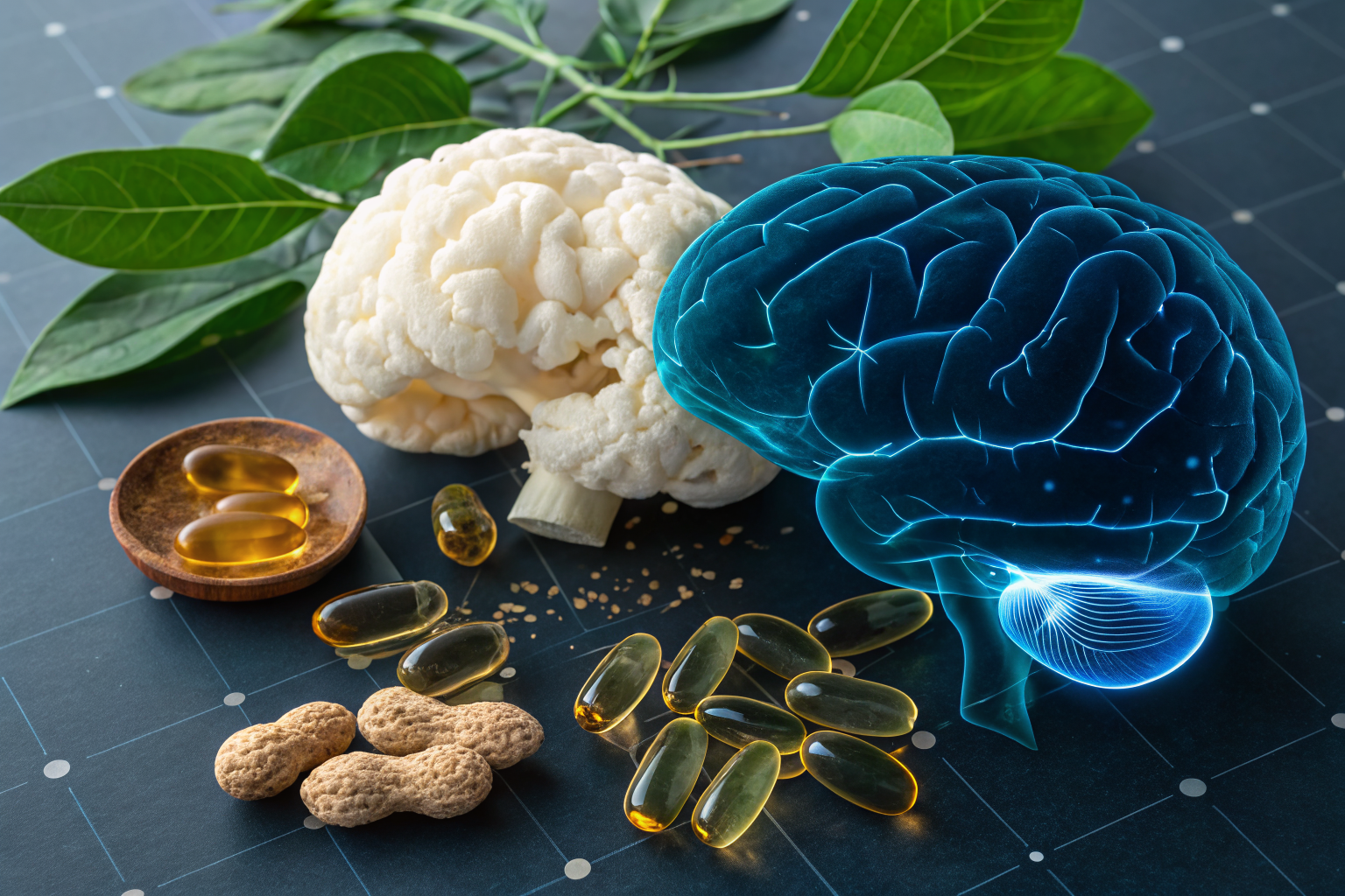 Cerveau humain lumineux entouré de nootropiques naturels : lion's mane, bacopa, oméga-3 et ashwagandha
